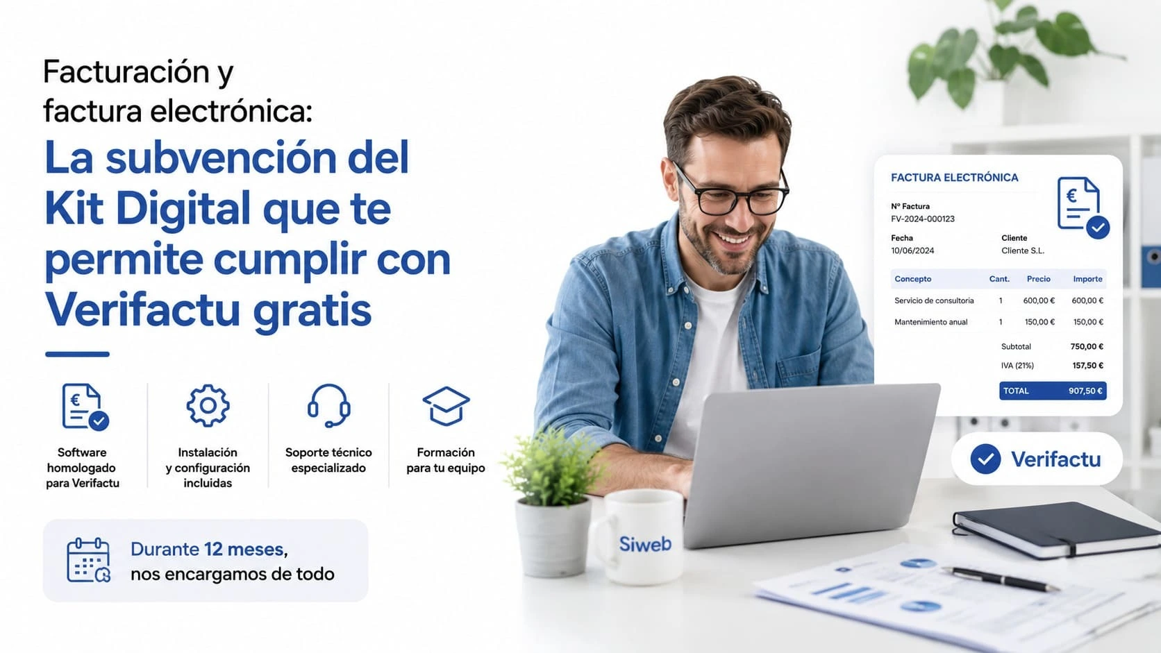 Profesional trabajando con software de facturación electrónica homologado para Verifactu con el Kit Digital